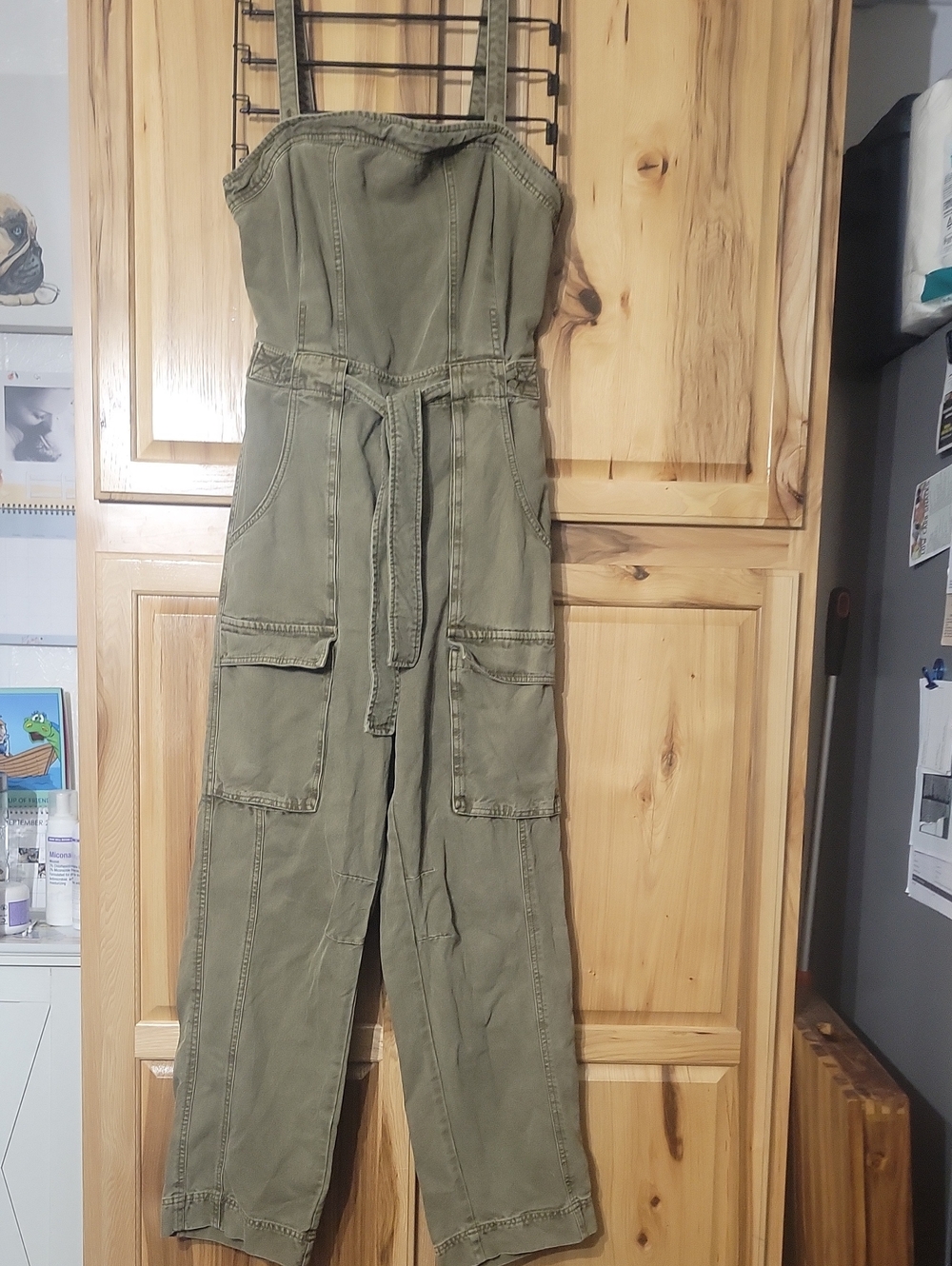 Free People Go West Utitlity Olive Green Utility Jumpsuit with Tie Waist - Women